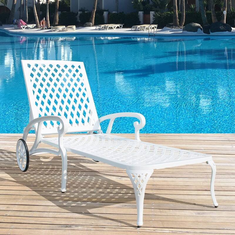 HOMEFUN Aluminum Outdoor Waterproof Chaise Lounge Chair with Adjustable Backrest and Wheels - White