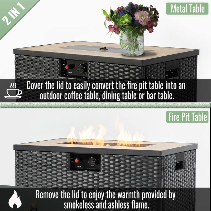 Anmytek 32" Propane Fire Pit Table - 2-Piece Steel Wicker Base with Tank Cover