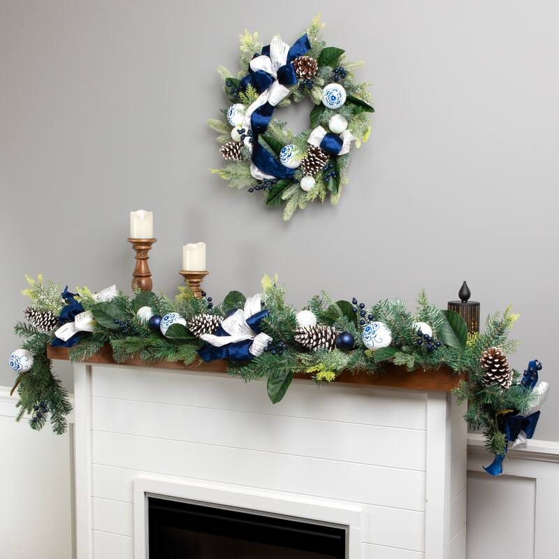 Frosted Pine with Blueberries, Bows and Ornaments Christmas Wreath - 24" - Unlit
