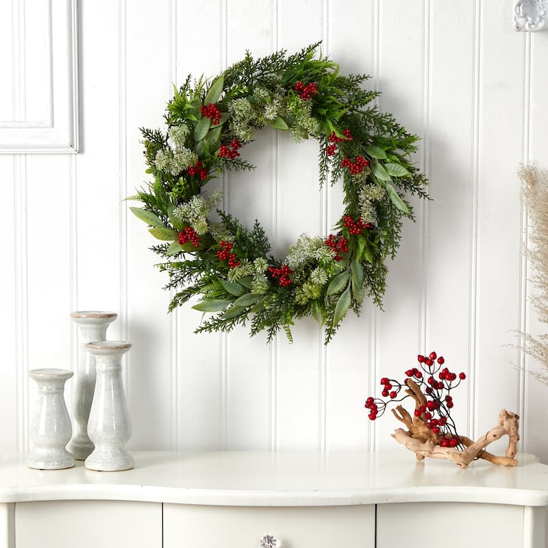 24" Cedar, Eucalyptus and Berries Artificial Christmas Wreath - Green - 24