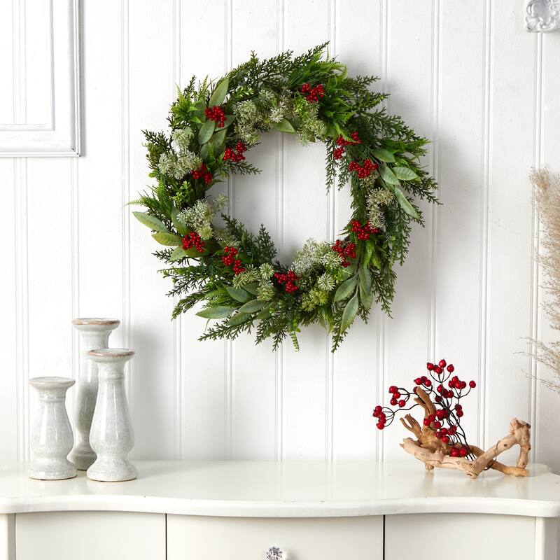 Cedar with Eucalyptus and Berries Artificial Christmas Wreath, 24-Inch, Unlit