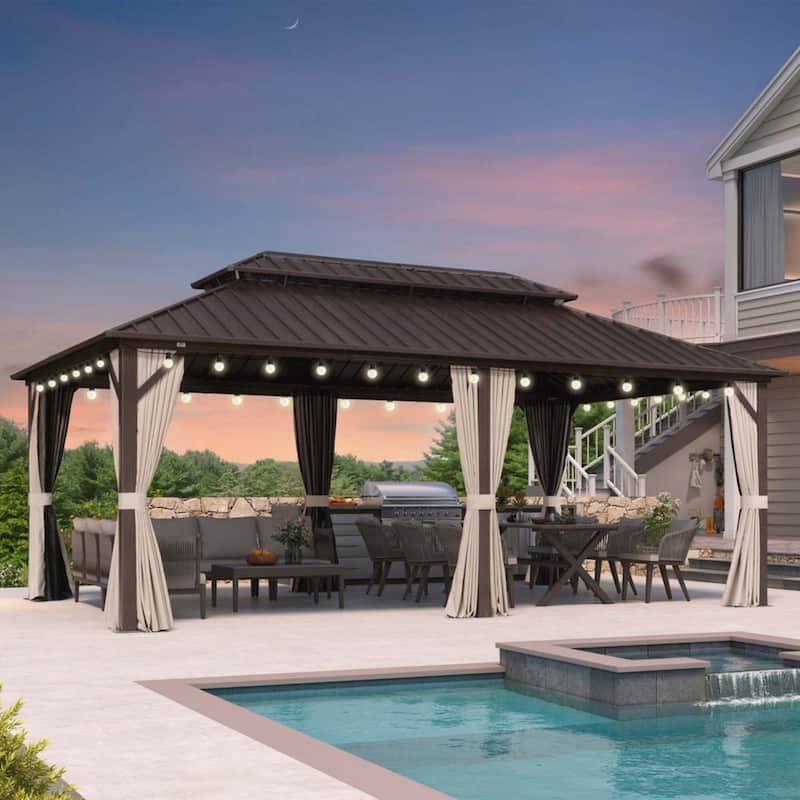 PURPLE LEAF Gazebo Outdoor Gazebo with Dual-Layer Galvanized Steel Double Roof Aluminum Gazebo with Netting and Curtains Bronze - 12' x 20'(Hot Sale) - with lights