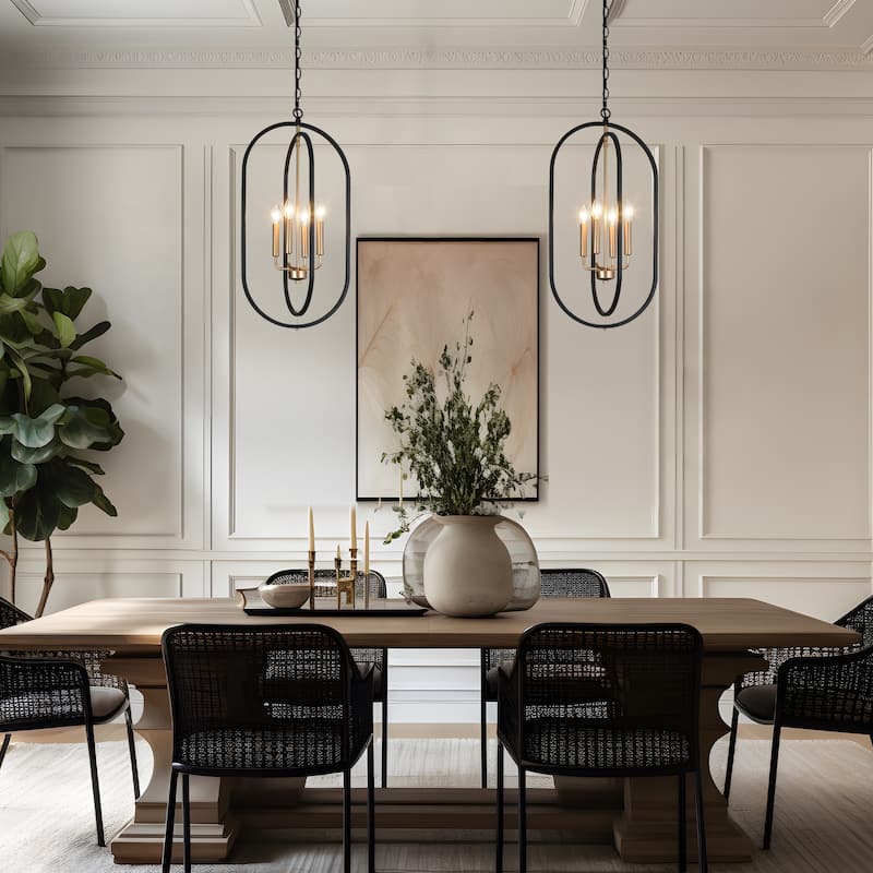 Modern Farmhouse 4-Light Black Gold Chandelier Metal Pendant Light for Dining Room - 14.5" L x 11" W x 29.5" H