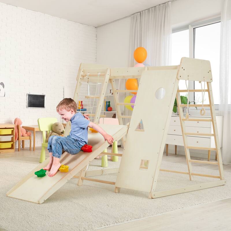 EROMMY 8-in-1 Wooden Climbing Gym for Kids - Indoor Playground Set with Slide, Monkey Bars, Climbing Wall, Wood & Rope Ladder