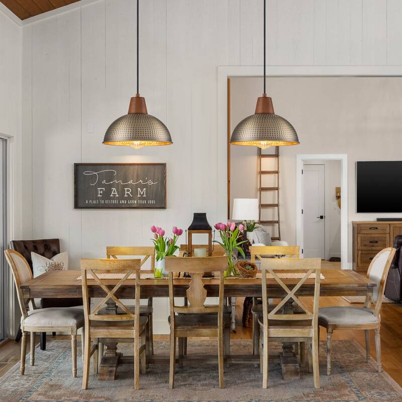 Industiral Hammered Antique Bronze Wood Dome Pendant Light - W12"