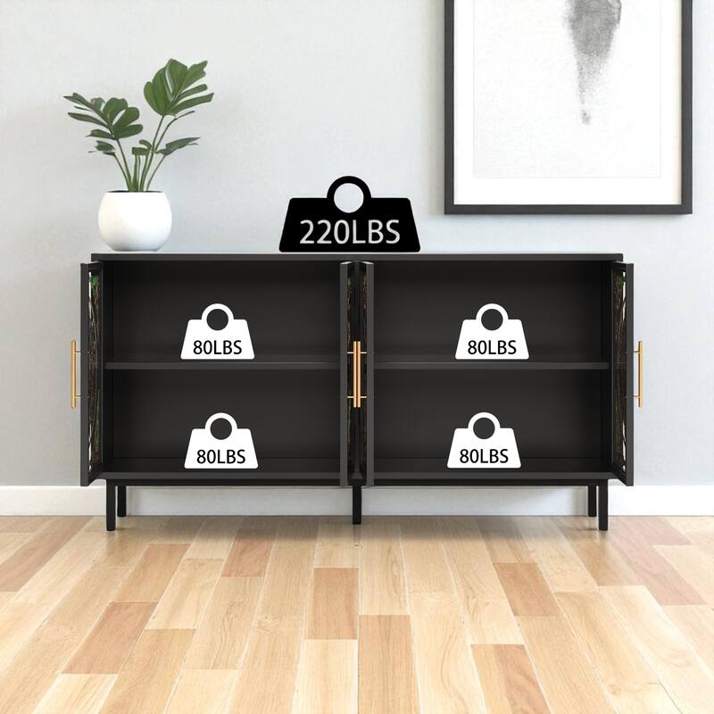 60" Stained Glass Buffet Cabinet with 4 Doors, Painted Glass & Metal Frame Decorative Storage Sideboard.