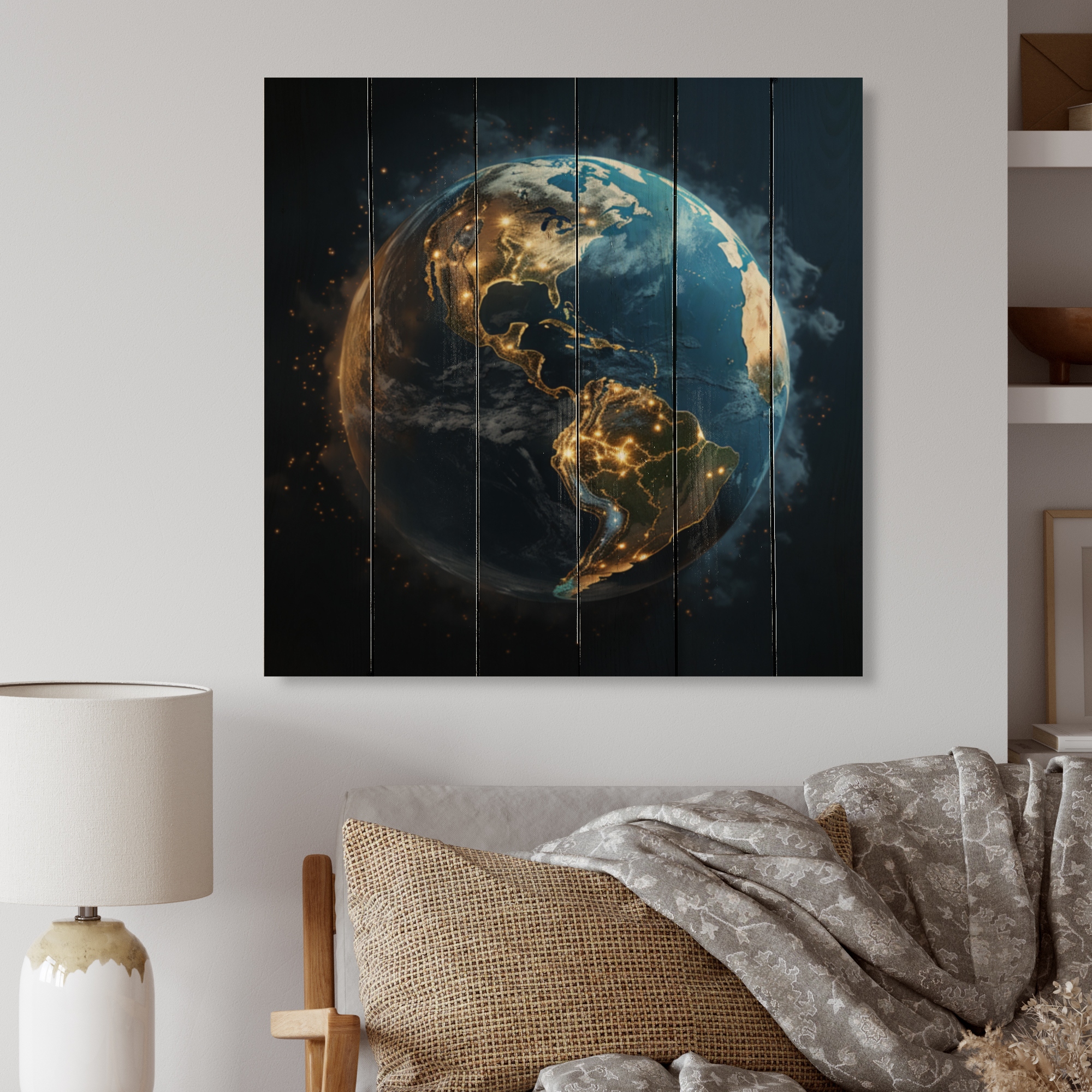 Designart Earth Lights From Space I Space Planet Print on Natural Pine Wood Bed Bath Beyond 39403269