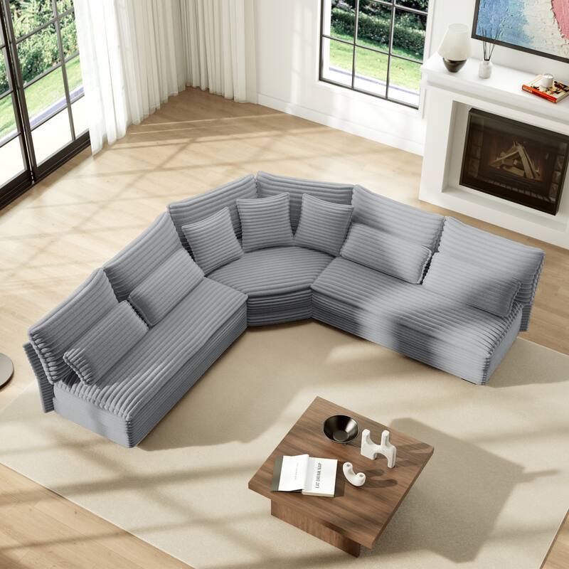 5-Seater L-Shaped Sectional Sofa with Curved Corner - Plush Corduroy Fabric, 7 Pillows (3 Throw + 4 Lumbar) - Grey
