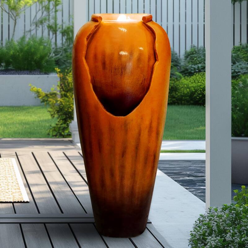 30.7" High Concrete Jar Water Fountain Outdoor, Garden Vase Water Feature - 30.7"H