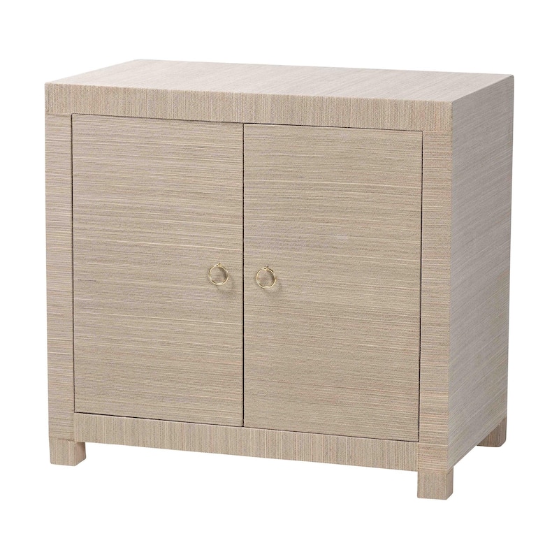 Halen Natural Grasscloth Storage Cabinet - Two-Door Console Storage Solution with Gold Ring Pulls, Modern Coastal Organizer - Beige