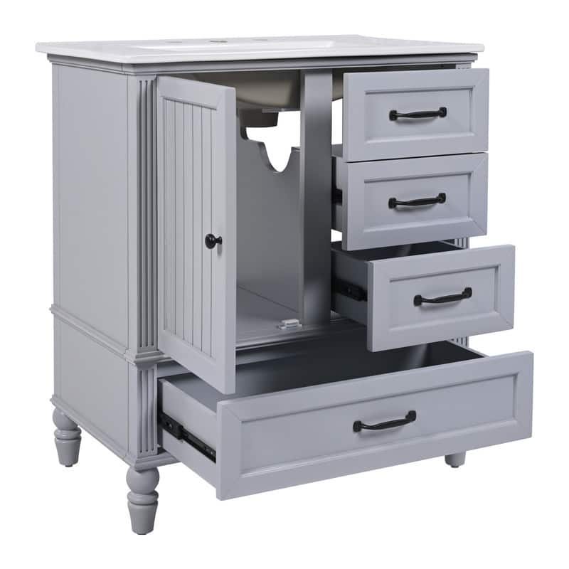 30" Bathroom Vanity with Ceramic Sink Top, Modern Bathroom Storage Cabinet with 1 Door, 3 Drawers and Solid Wood Legs