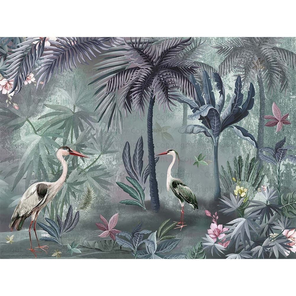 Serene Tropical Oasis Wallpaper Mural Herons and Palm Trees