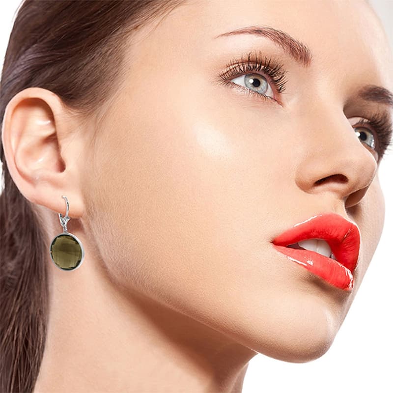14K Solid Gold Leverback Gemstone Earrings Round Smoky Quartz