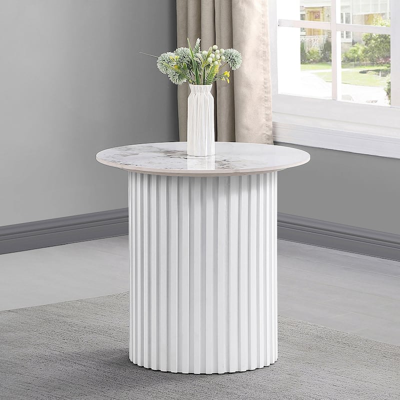 Round Sintered Stone End Table with Fluted Metal Base in White