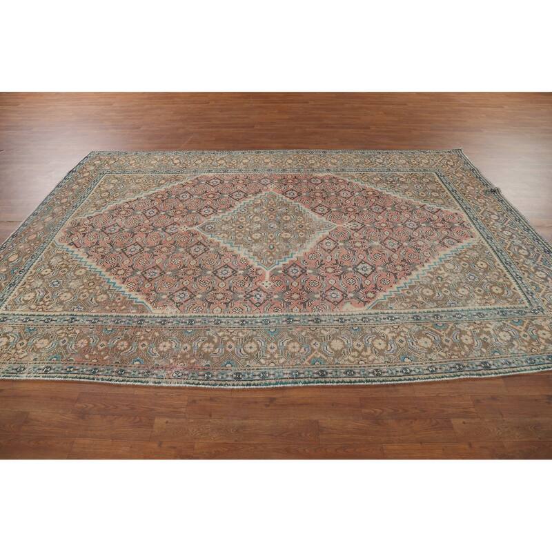Pink Geometric Tabriz Persian Vintage Rug Hand-Knotted Wool Carpet - 6'7"x 9'9"