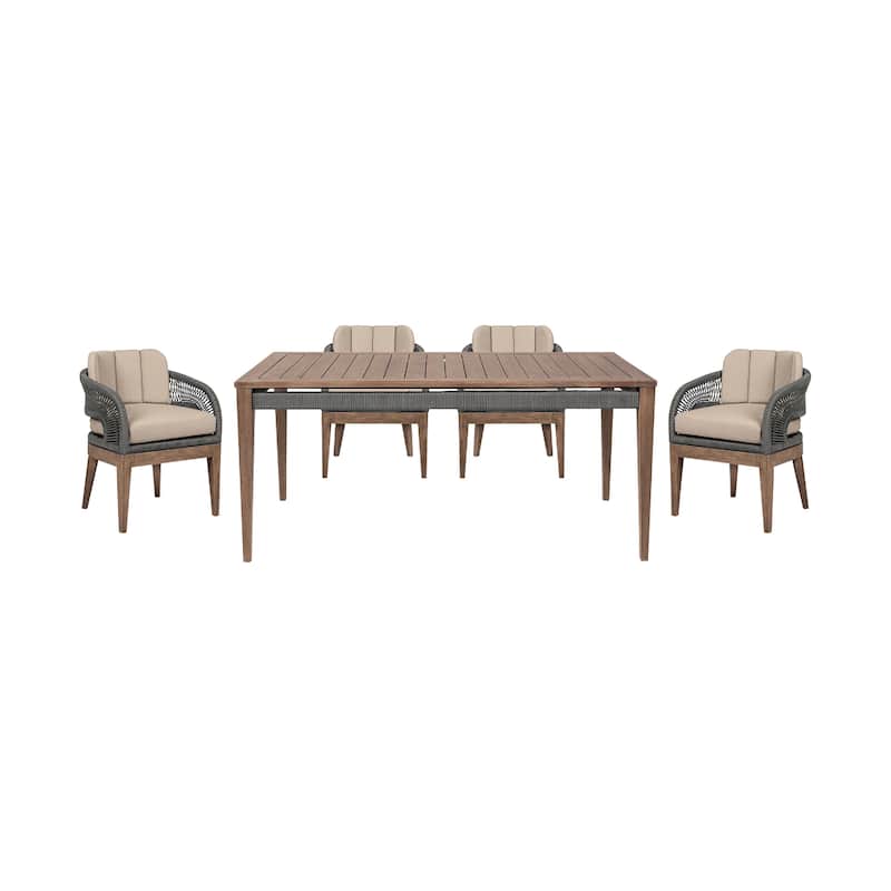 Kimi 5 Piece Patio Dining Table and 4 Chairs Set, Brown Wood, Gray Rope, Taupe Olefin