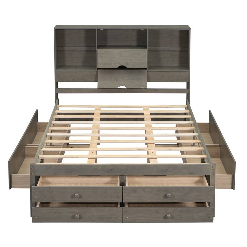 Queen Size Platform Bed with Storage Headboard & 8 Drawers - Gray