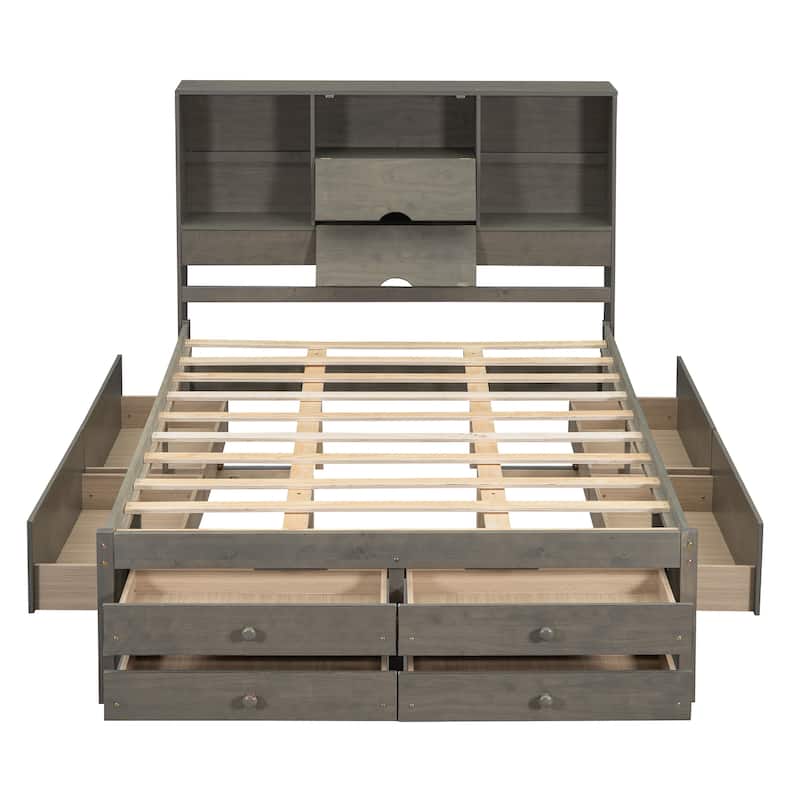 Queen Size Platform Bed with Storage Headboard and 8 Drawers, Solid Wood Storage Bed Frame for Apartment, Bedroom