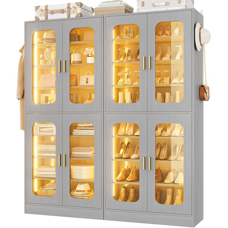 8-Tier Shoe Cabinet with LED Light, 32 Pairs Tall Shoe Storage Organizer with Side Hooks