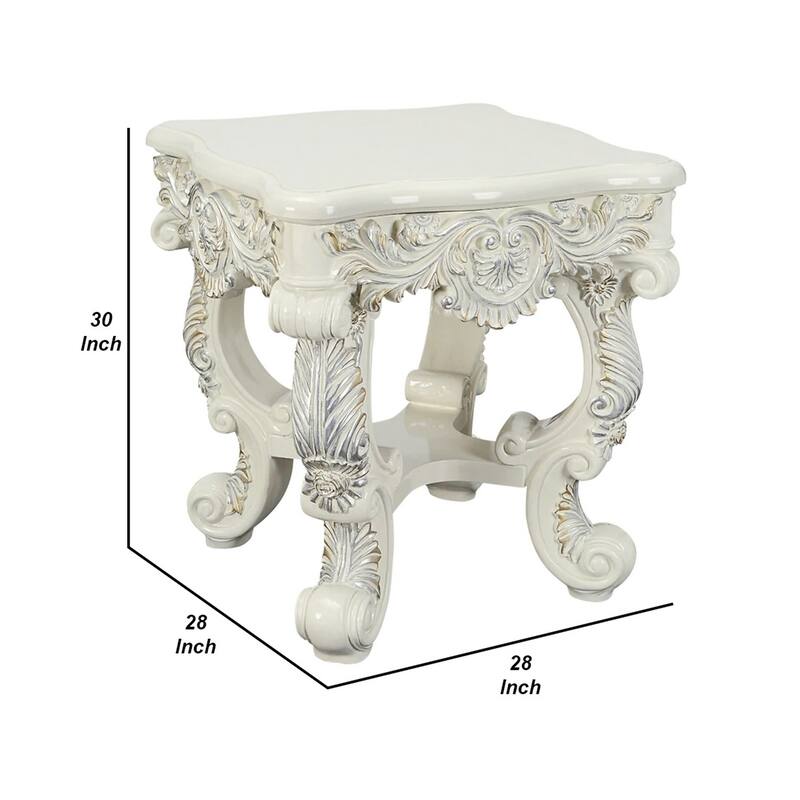 Ataa 28 Inch Square End Table, Ornate Floral Carvings, Claw Feet, White