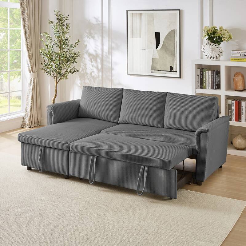 Corduroy L-Shape Sofa Convertible Sofa with Pull Out Sleep Bed