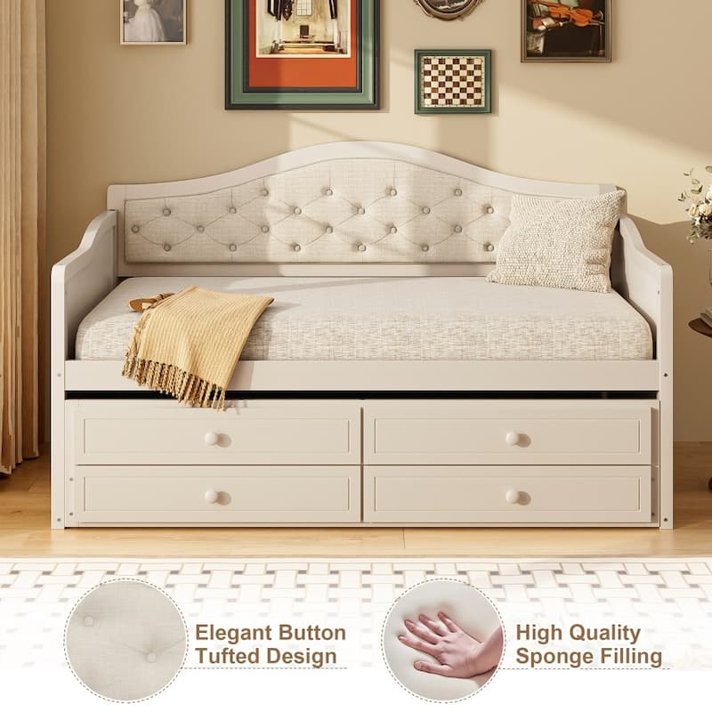 Twin Size Wooden Daybed with Trundle and 2 Drawers, Upholstered Backrest