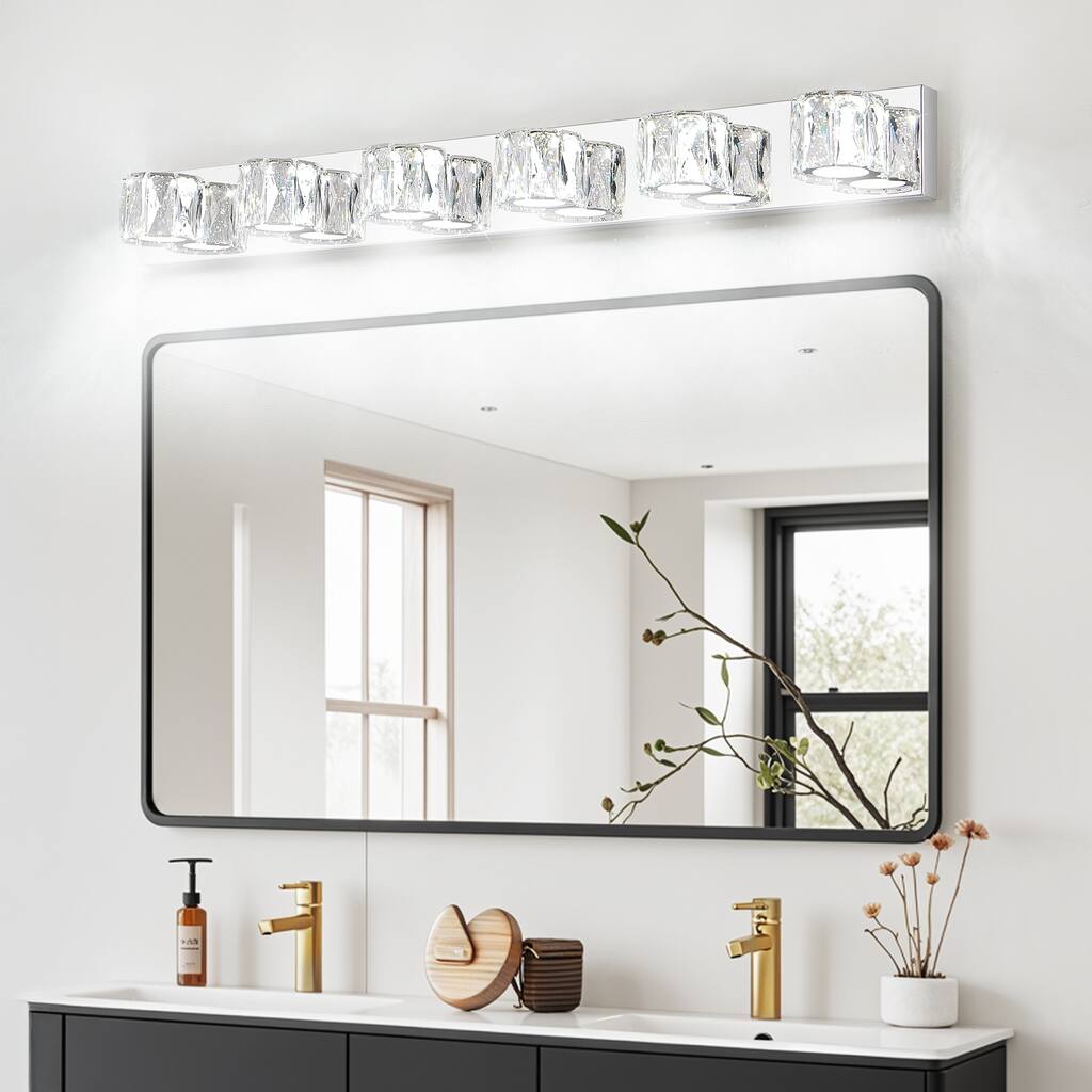 41" Modern Crystal 6-Light LED Wall Sconce - Elegant Chrome Bathroom Vanity Light with Clear Crystal Shades