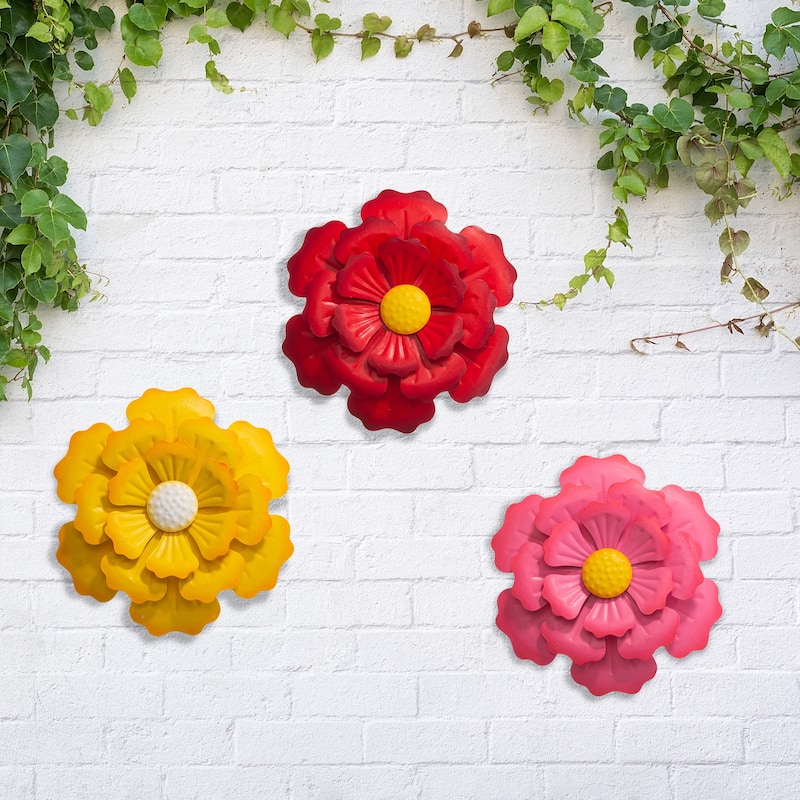 Glitzhome Metal Dimensional Flower Butterfly "Welcome" Birds Yard Stakes or Wall Decor (Set of 3)