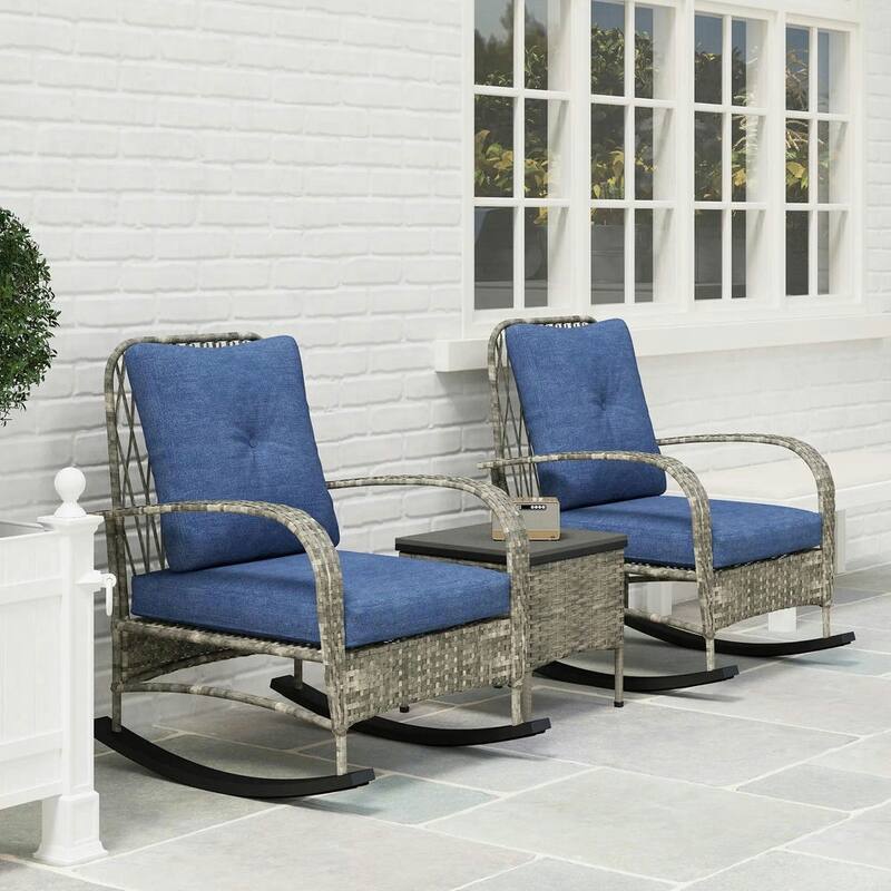 3-Piece Wicker Patio Set with Rocking Chairs, Glass-Top Coffee Table