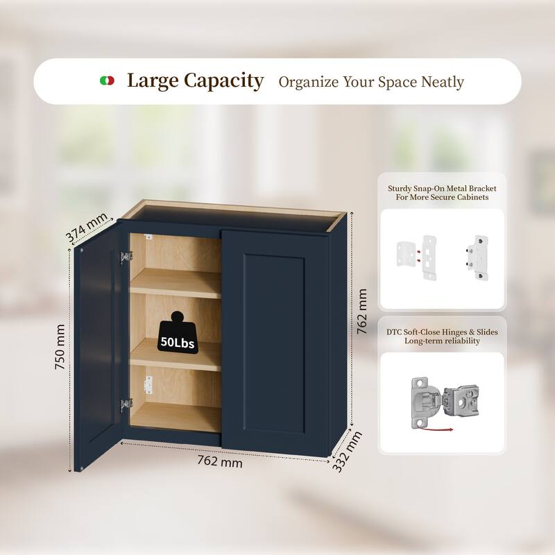 Navy Blue Shaker 30" Solid Wood Wall Cabinet, Soft Close Hinges, Adjustable Shelves, Double Door for Kitchen
