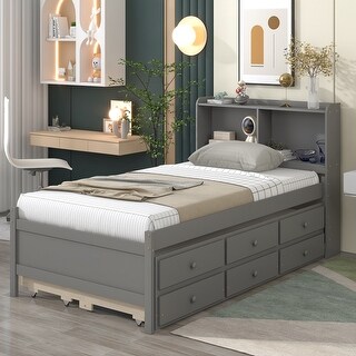 Twin/Full Captain Bed Pine Bed Frame with Twin Trundle and Storage Drawers