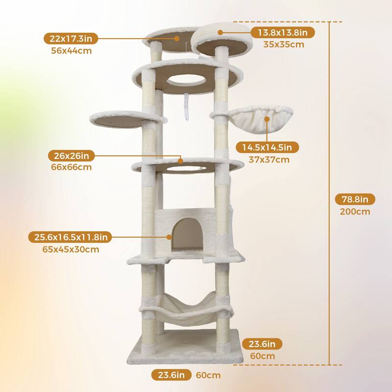 78 in beige cat tree tower with large condo sisal scratching post big hammock and top platform