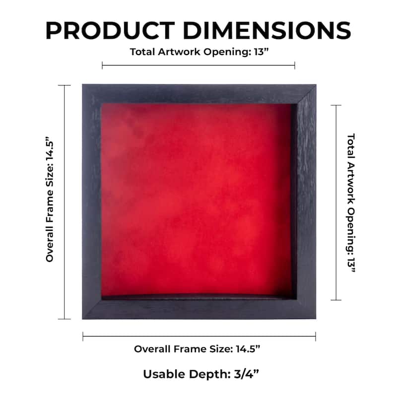 13x13 Shadow Box Frame Textured Black Wood Includes a Red Real Suede Texture Acid-Free Backing Board