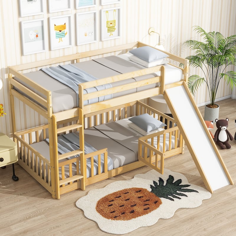 Twin Over Twin Floor Bunk Bed with Slide and Convertible 3-Way Design Safety Door & Guardrails (250lb Capacity)