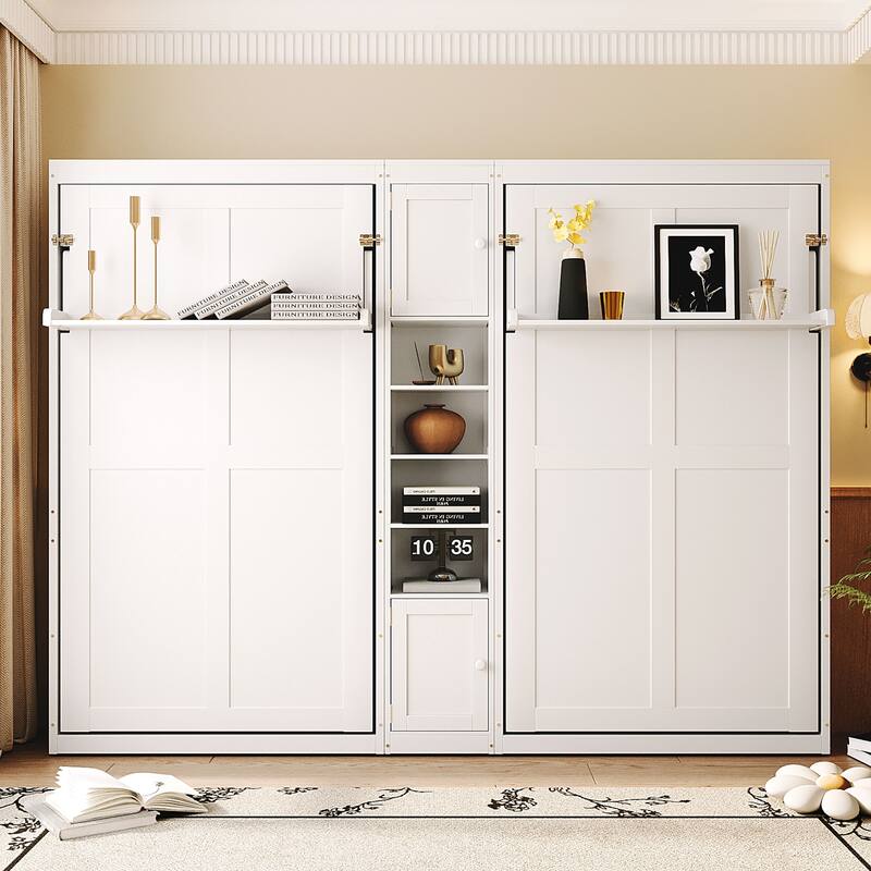 Dual Twin Wall Murphy Bed with Storage Cabinet and Display Shelves, Foldable Wooden Bed Frame for Apartments or Guest Rooms - White