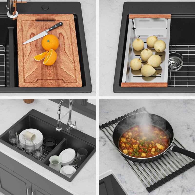 33 Inch Drop-in Double Bowl Quartz Kitchen Sink - 33'' x 22'' x 9.65''