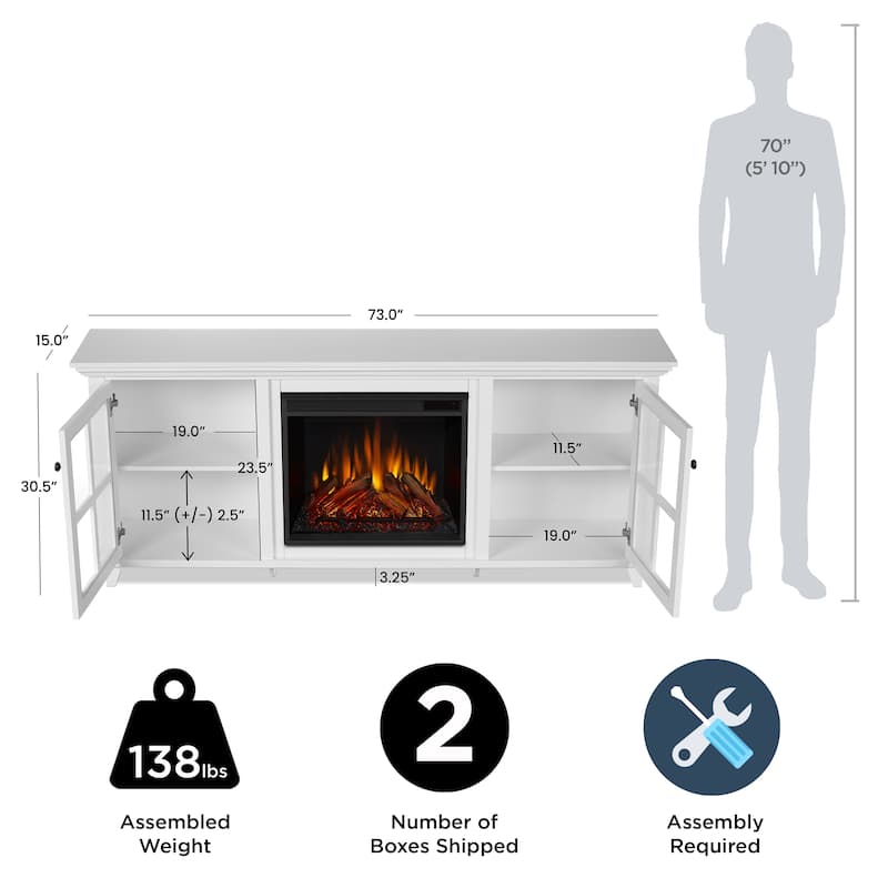 Norwell 73" TV Stand Electric Fireplace in White by Real Flame - 73" L x 15" W x 30.5" H
