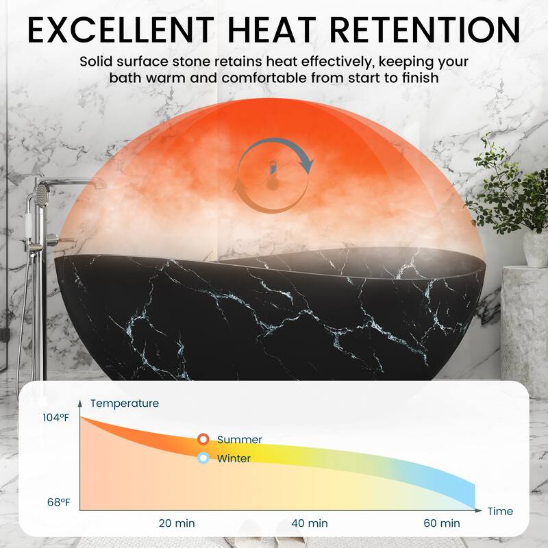 63 in. x 37 in. Solid Surface Freestanding Soaking Bathtub in Matte Black with Royal Misty Marble Pattern, Center Drain