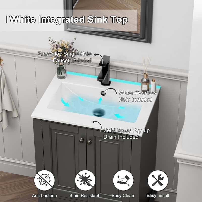 Retro Bathroom Vanity Cabinet Solid Wood Classic with Ceramic Sink
