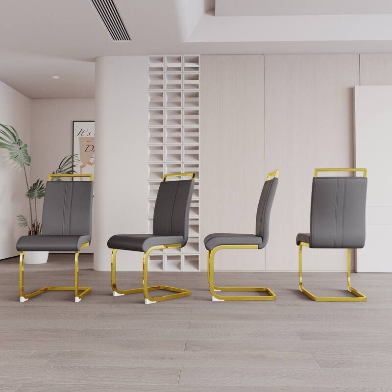High Back Upholstered Side Chair with C-shaped Tube. Plating Golden Metal Legs (Set of 2) (Grey+PU)