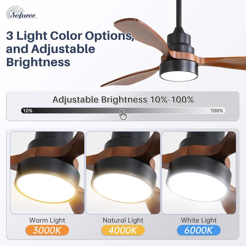 60 Inch Solid Wood Ceiling Fan with Light and Remote, Reverse Functions, Integrated Light Optional