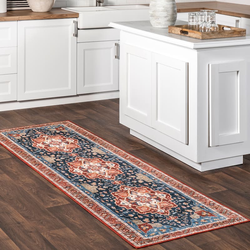 Nuloom Hera Medallion SplashGuard Machine Washable Area Rug - 2' 6" x 8' - Blue - Runner