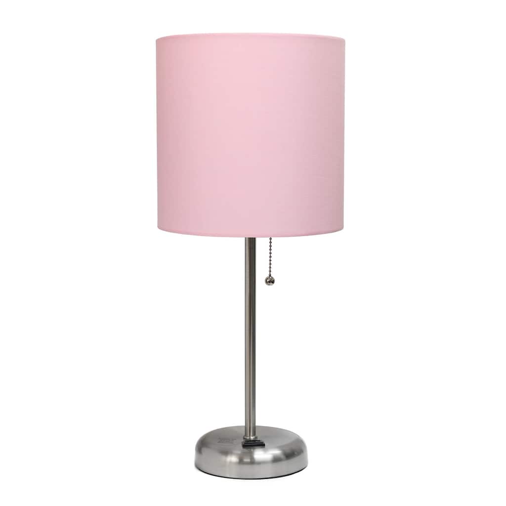 19.5 in. Brushed Steel Finish Table Lamp with Pink Shade, Sturdy Table Lamp for Living Rooms and Bedrooms