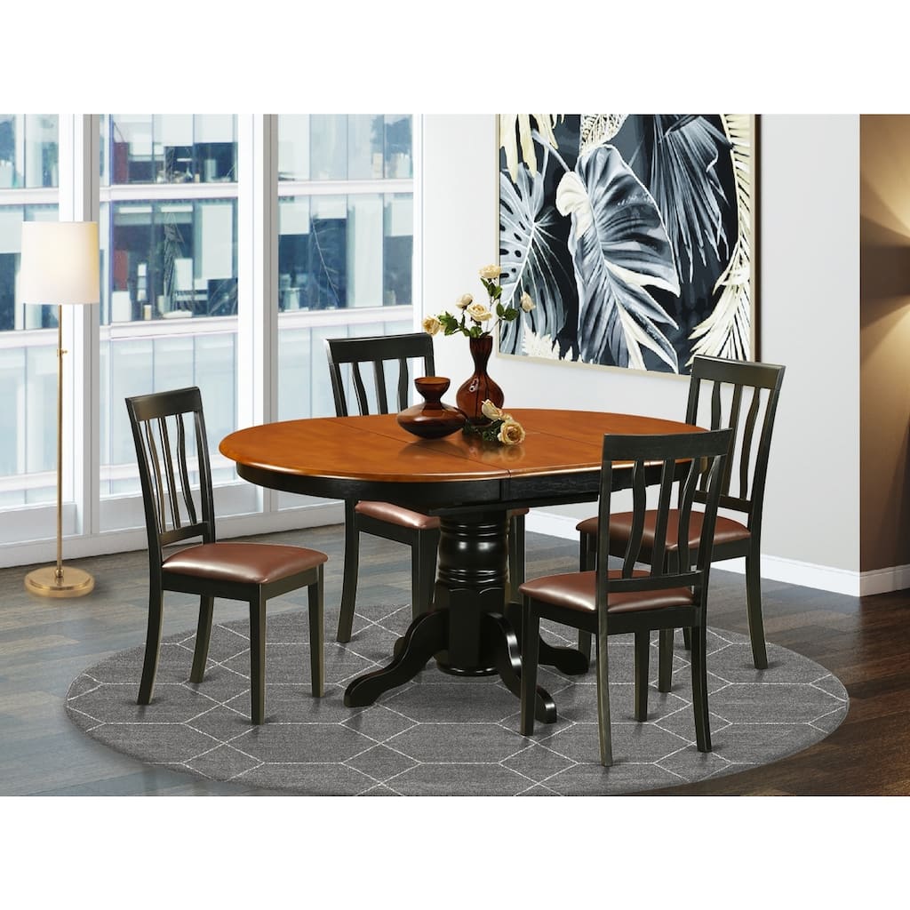 HomeStock 5-Piece Oval Black and Cherry Finish Solid Wood Top Dining table w/ 4 Slat Back Faux Leather Chairs Seats 4