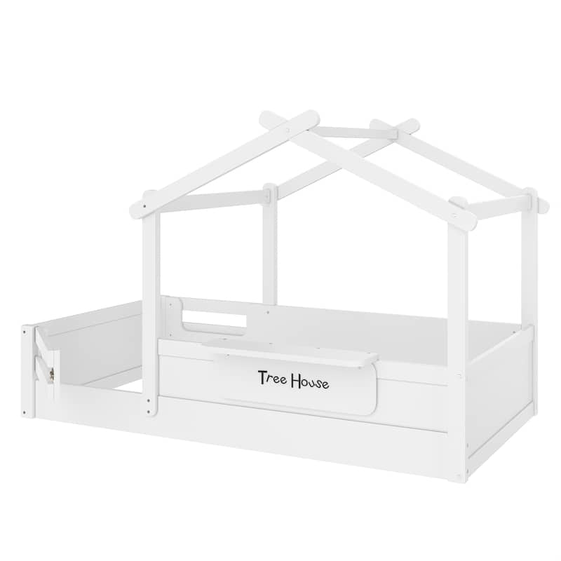 Kids House Floor Bed with Guardrails, Roof & Built-in Tray - Queen/Full/Twin Size, Childlike Design