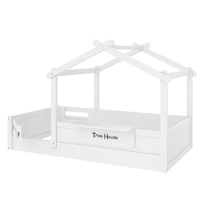 Roomfitters House Floor Bed with Guardrails and Roof, Solid Wood Frame with Tray and Signboard