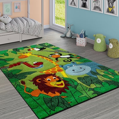 Kids Rug for childrens room with Jungle Animals in Green