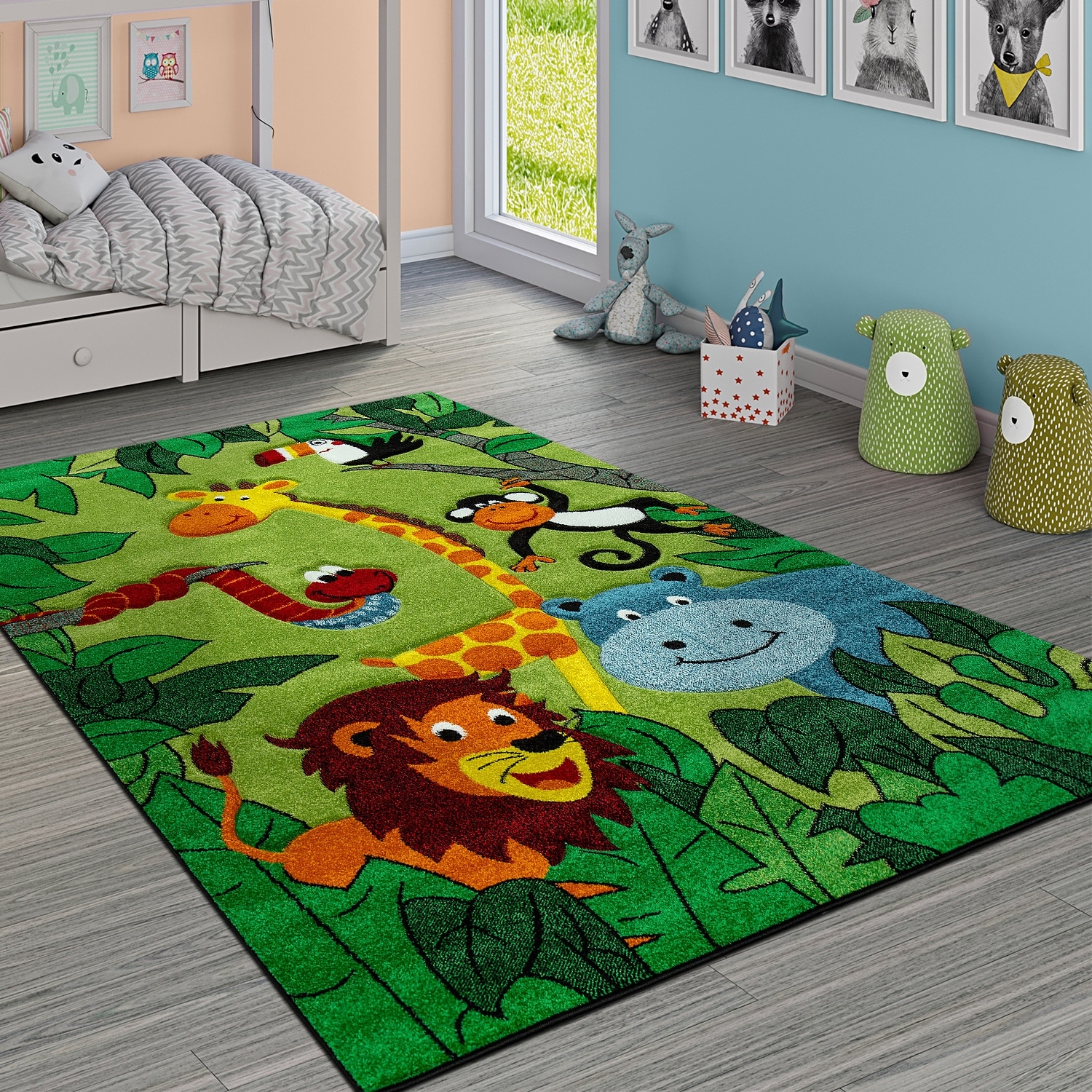 Kids Rug for childrens room with Jungle Animals in Green