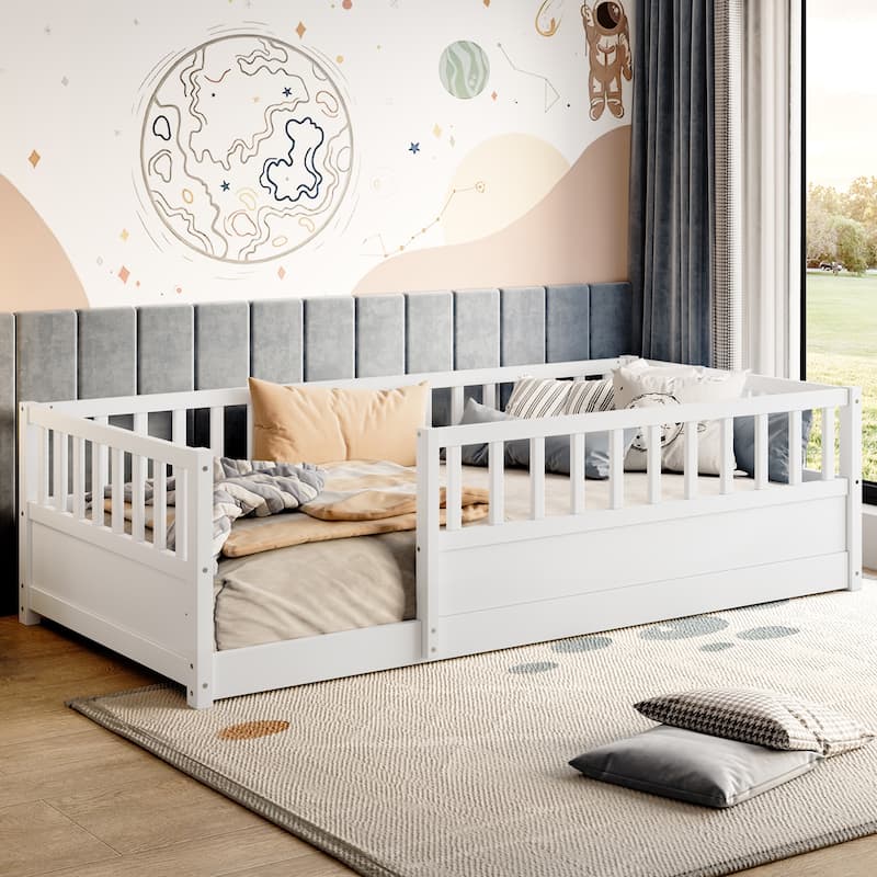 Floor Bed Pine Wood Bed Frame with Fence for Kids Easy Assembly