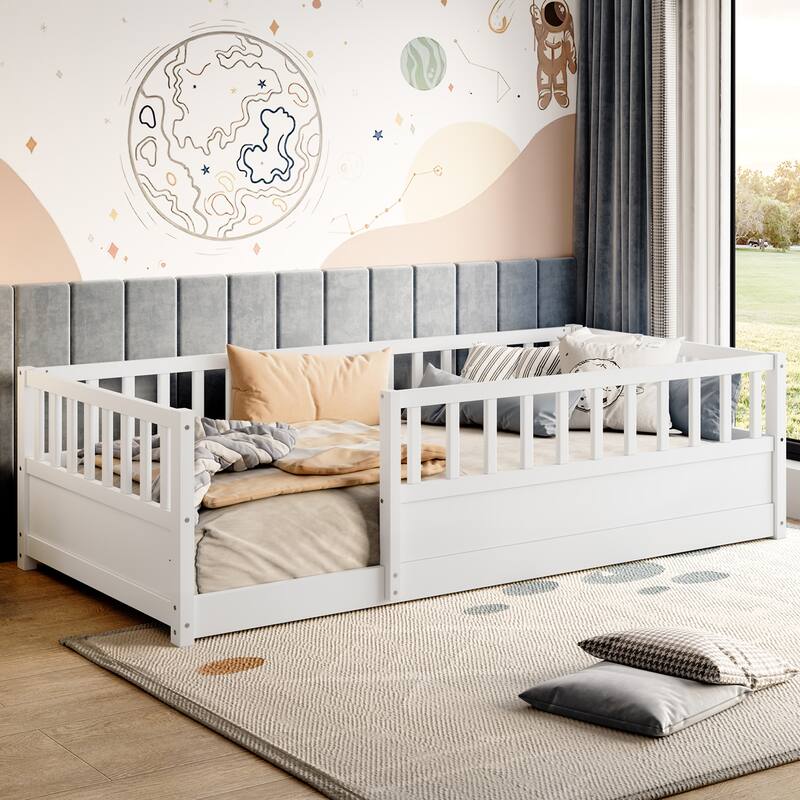 Full/Twin Montessori Floor Bed with Security Barrier & Door - Children's Wooden Bed Frame